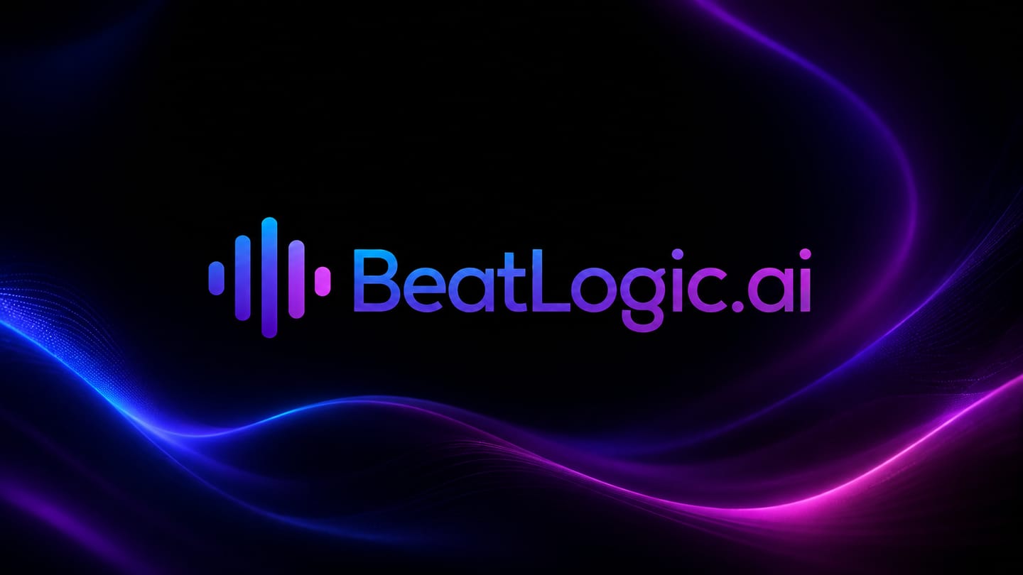 Logotip BeatLogic.ai na temnem ozadju z modro-vijoličnimi svetlobnimi valovi